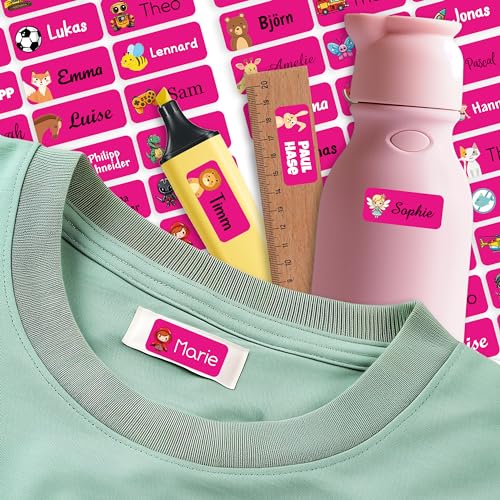Sunnywall Namensaufkleber für Kinder Kleidung & Gegenstände (Pink, 50 Stück) Schule/Kita selbstklebende Namensschilder waschmaschinenfest personalisiert | Aufkleber Wunschname von Sunnywall