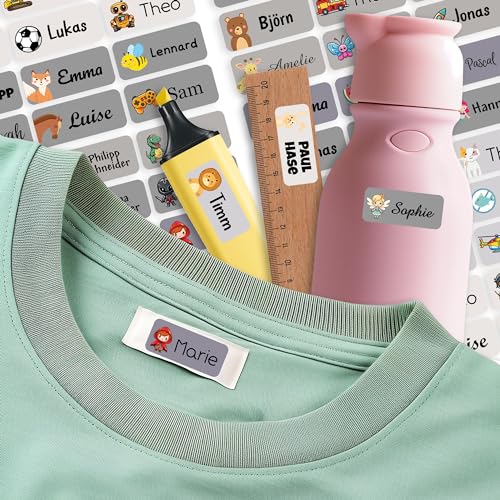 Sunnywall Namensaufkleber für Kinder Kleidung & Gegenstände (Shades of Grey, 50 Stück) Schule/Kita selbstklebende Namensschilder waschmaschinenfest personalisiert | Aufkleber Wunschname von Sunnywall