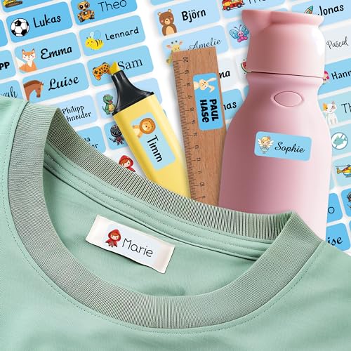 Sunnywall Namensaufkleber für Kinder Kleidung & Gegenstände (Soft Blues, 50 Stück) Schule/Kita selbstklebende Namensschilder waschmaschinenfest personalisiert | Aufkleber Wunschname von Sunnywall