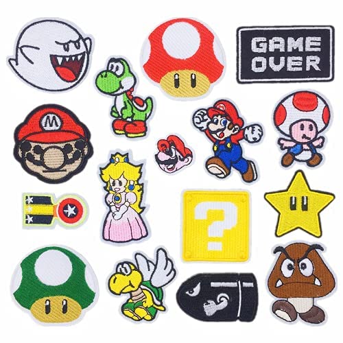 16Pcs Mario-Aufnäher zum Aufbügeln,Flicken zum Aufbügeln,Patches zum Aufbügeln,Jeansflicken Draufbügeln,Bügelbilder für Textilien Kinder,Super Mario Bros ​Videospiele Bestickt,Aufnäher für Kleidung von Sunshine smile