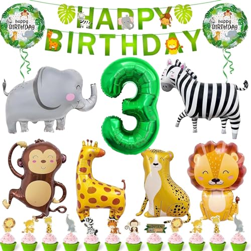 Sunshine smile 34 Stück Dschungel Geburtstag Dekoration,Safari Tiere Folienballon 3,Dschungel Geburtstagsdeko 3 Jahr,Dschungel Luftballons,Safari Happy Birthday Banner,Dschungel Deko 3 Geburtstag von Sunshine smile