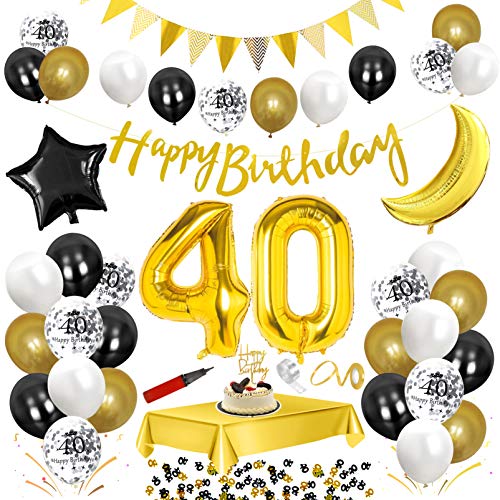 40.Geburtstag Dekoration Schwarz Gold,Happy Birthday Schwarz Geburtstag Party Deko Set,Riesen Folienballon,Nummerndekoration,Konfetti Luftballon,Konfetti Ballon Latexballons mit Happy Birthday Banner von Sunshine smile