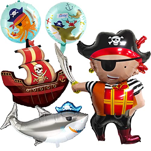 5 Stücke Piratenschiff Ballon,Piraten Geburtstagsdeko,Ozean Tiere Hai Helium Luftballon,Piraten Thema Folienballons,Kinder Piraten Folienballon, Kindergeburtstag Piratenparty Dekoration von Sunshine smile