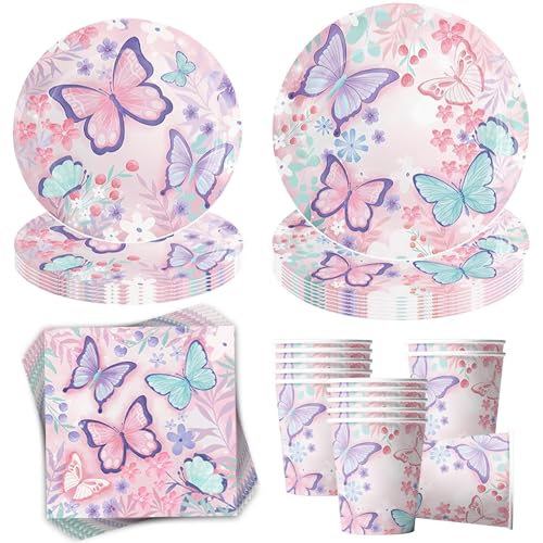 50 Stück Schmetterling Partygeschirr,Schmetterlinge Deko Geburtstag Partygeschirr,Schmetterling Partyteller Geburtstag Geschirr,Schmetterlinge Pappteller Becher Servietten für Kindergeburtstag Deko von Sunshine smile