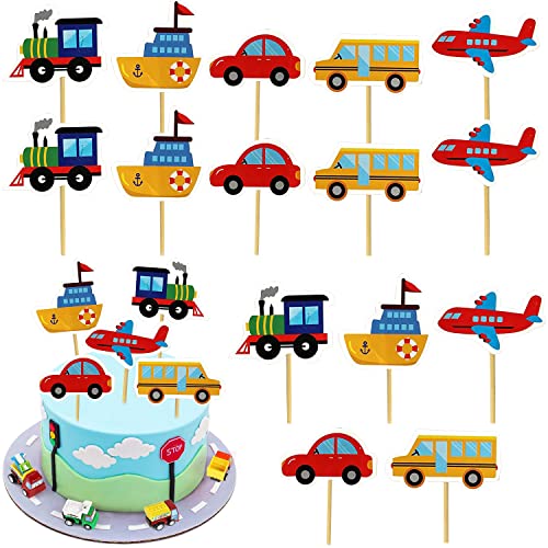 Sunshine smile 30 Stück Transport Kuchendeckel,Transport Cupcake Toppers, Auto Bus Zug Flugzeug Schiff Kuchen Topper,Kinder Geburtstag Party Torte Deko Supplies,Kuchendeko von Sunshine smile