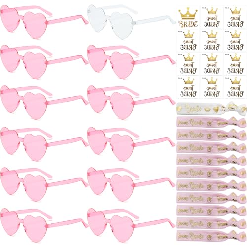 36 Stück JGA Brille Team Braut,Jga Accessoires Frauen,Bride to Be Herz Brille Set,12Herz Sonnenbrille+12Bride Tattoo Aufkleber+12Bride Armband,Jungesellinnenabschied Frau Accessoires von Sunshine smile