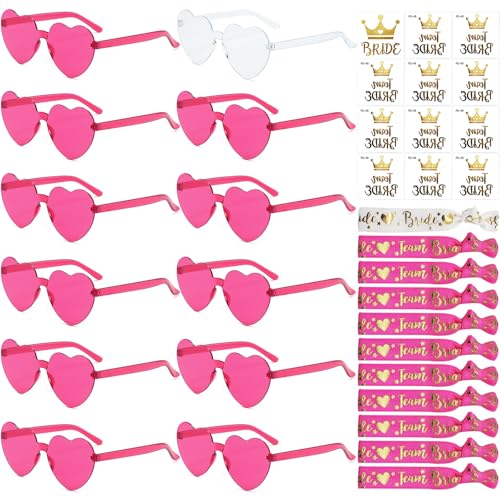 JGA Brille Team Braut Armbänder,Bride to Be Herz Brille Set,12Herz Sonnenbrille+12Bride Tattoo Aufkleber+12Bride Armband,Jungesellinnenabschied Frau Accessoires (A-Weiß+Rosenrot) von Sunshine smile