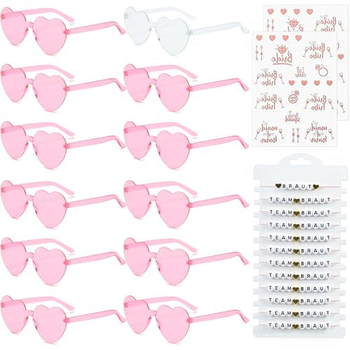 JGA Brille Team Braut Armbänder,Bride to Be Herz Brille Set,12Herz Sonnenbrille+12Bride Tattoo Aufkleber+12Bride Armband,Jungesellinnenabschied Frau Accessoires (B-Weiß+Rosenrot) von Sunshine smile