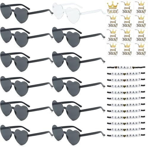 36 Stück JGA Brille Team Braut,Jga Accessoires Frauen,Bride to Be Herz Brille Set,12Herz Sonnenbrille+12Bride Tattoo Aufkleber+12JGA Armbänder Frauen,Jungesellinnenabschied Frau Accessoires von Sunshine smile