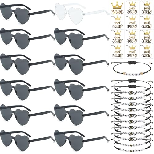 36 Stück JGA Brille Team Braut,Jga Accessoires Frauen,Bride to Be Herz Brille Set,12Herz Sonnenbrille+12Bride Tattoo Aufkleber+12JGA Armbänder Frauen,Jungesellinnenabschied Frau Accessoires von Sunshine smile