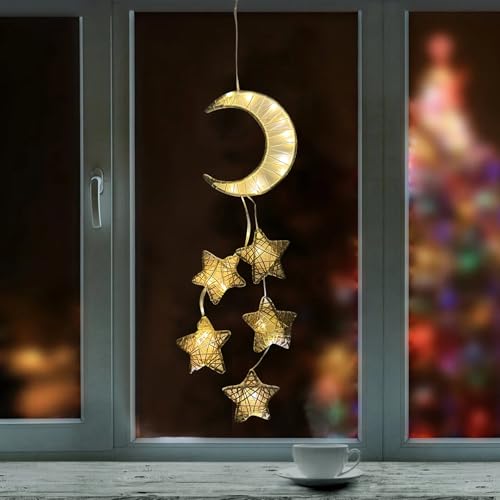 Sunshine smile Ramadan Deko Lichterkette,LED Sterne Weihnachtsbeleuchtung,Lichterkette Innen,Rattan Mond Sterne Lichterkette Deko,Stern Fenster Beleuchtet mit Batteriebetriebene von Sunshine smile