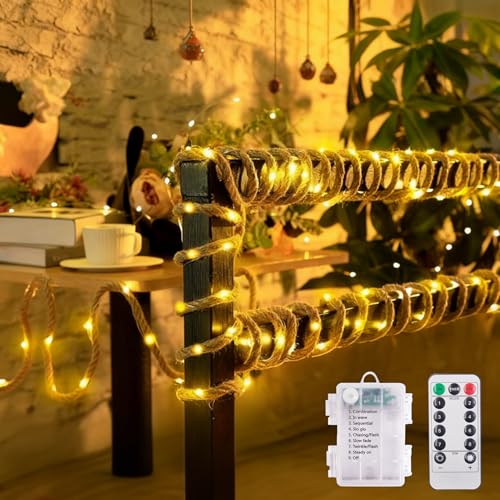 Lichterkette Seil,5M 100LED Juteseil Lichterkette Batteriebetrieben,8 Modi mit Fernbedienung,Batteriebetrieben Lichterkette Außen Wetterfest,Warmweiße Naturseil Lichterketten für Hochzeit Party Deko Lichterkette Seil,5M 100LED Juteseil Lichterkette Batteriebetrieben,8 Modi mit Fernbedienung,Batteriebetrieben Lichterkette Außen Wetterfest,Warmweiße Naturseil Lichterketten für Hochzeit Party Deko von Sunshine smile