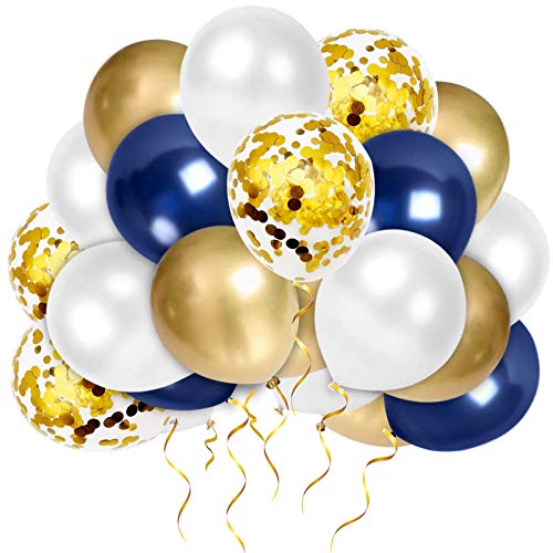 Luftballons Blau Gold Weiß, 50 Stück 12 Zoll Metallic Luftballons Set, Luftballons Metallic Latex Ballons Konfetti Ballon Helium Luftballon für Geburtstag Hochzeit Babyparty Party Deko von Sunshine smile