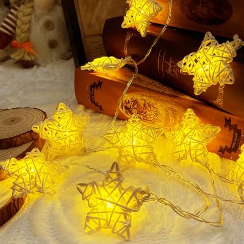Rattan Sterne Lichterkette Deko Licht,Rattan Sterne Lichterkette Deko,Lichterkette Innen,Aussenlichterkette Batterie,Lichterketten Vorhang für Innen Hochzeit Geburtstag Neujahr Party Dekoration von Sunshine smile