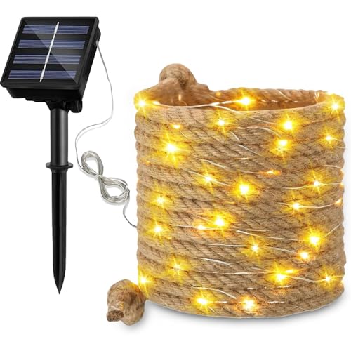 Solar Lichterkette Seil,12M Solar Rope Lights,250 LED Gartenleuchte,Solar Hanfseil Lichterkette,Warmweiß Beleuchtete Lampe,Solar Lichterkette Außen Wetterfest,Wasserdicht Fee Lichterkette Aussen von Sunshine smile