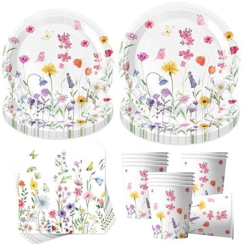 Sunshine smile 50 Stück Schmetterling Partygeschirr Set,Partygeschirr Kindergeburtstag Schmetterling,Blumen Deko Geburtstag Kinder,Schmetterling Pappteller Becher Servietten Kindergeburtstag Deko von Sunshine smile