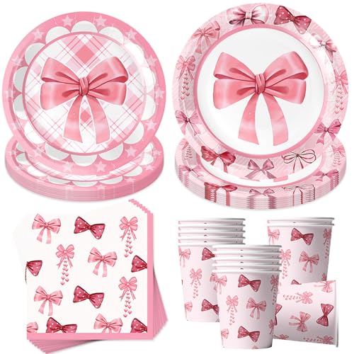 Sunshine smile 50 Stück Süße Schleife Partygeschirr,Rosa Schleife Partygeschirr,Geburtstag Pappteller Set Rosa,Bogen Pappteller Becher Servietten Kindergeburtstag Deko von Sunshine smile