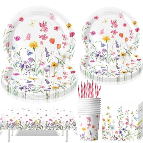 Sunshine smile 51 Stück Schmetterling Partygeschirr Set,Partygeschirr Kindergeburtstag Schmetterling,Blumen Deko Geburtstag Kinder,Schmetterling Pappteller Becher Servietten Kindergeburtstag Deko von Sunshine smile