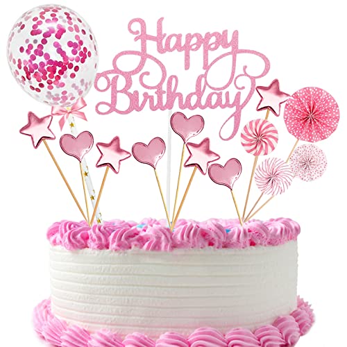 16 PCS Cake Topper Happy Birthday, Glitter Cake Topper, Kuchendekoration Geburtstag, Tortenaufsatz, Tortendeko, Tortenstecker Geburtstag, Kuchendeckel, Cupcake Topper Babyparty Topper(Rosa) von Sunshine smile
