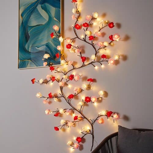 Sunshine smile LED Rose Zweige Lichter,Rose Wand,1.8M 96LED Rattan Vine Wand Deko,Lichterkette Vorhang,USB Lichterkette Innen,Warmweiss Rattan Lichterkette Wanddeko für Schlafzimmer Deko (A07) von Sunshine smile