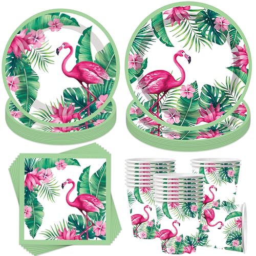Sunshine smile Partygeschirr Flamingo,50 Stück Partygeschirr Hawaii,Geburtstagsdeko Mädchen Flamingo,Deko Geburtstag Mädchen Hawaii,Pappbecher Servietten Strohhalme Pappteller von Sunshine smile