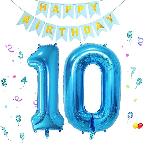 Luftballon 10.Geburtstag Blau,Riesen Folienballon 100cm,Geburtstagsdeko Junge,Ballon Zahl Deko zum Geburtstag,Ballon Zahl in Blau mit Happy Birthday Banner von Sunshine smile