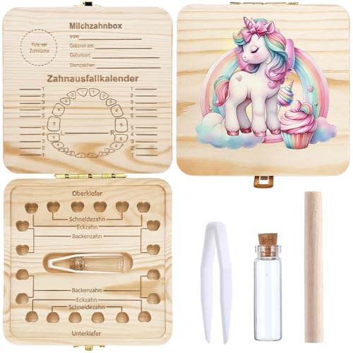 Zahnfee Geschenke Mädchen,Zahndose Milchzähne Mädchen,Zahnbox für Milchzähne Junge,Jungen Souvenir Box,Zahnbox aus Holz,Milchzahndose Jungen,Einhorn Zahnschachtel,Aufbewahrungsbox für Baby Zähne von Sunshine smile