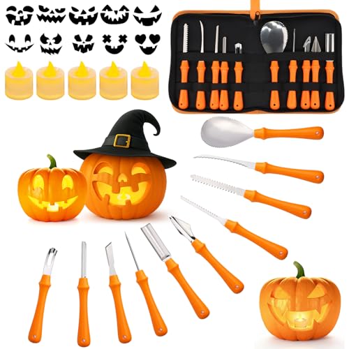 Kürbis Schnitzset Kinder, 21 Stück Schnitzwerkzeug Kürbis | Premium Edelstahl | Mit Elektronischer Kerzenlampe | Pumpkin Carving Kit, Halloween Schnitzset,Kürbis Schnitzen Werkzeug (10 Vorlagen) von Sunshinestar