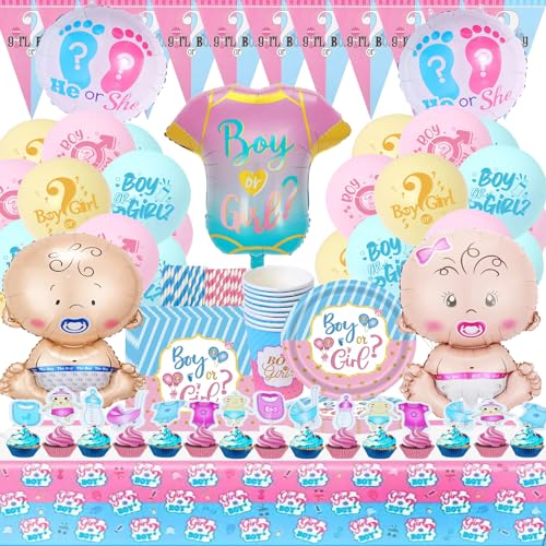 SunwE 115PCS Boy or Girl Gender Reveal Party Teller Set, Gender Reveal Party Deko Geschirr, Babyparty Deko Mädchen Pappteller, Baby Shower Deko, Pappteller Servietten Becher Tischdeko Boy or Girl Deko von Bemoseng