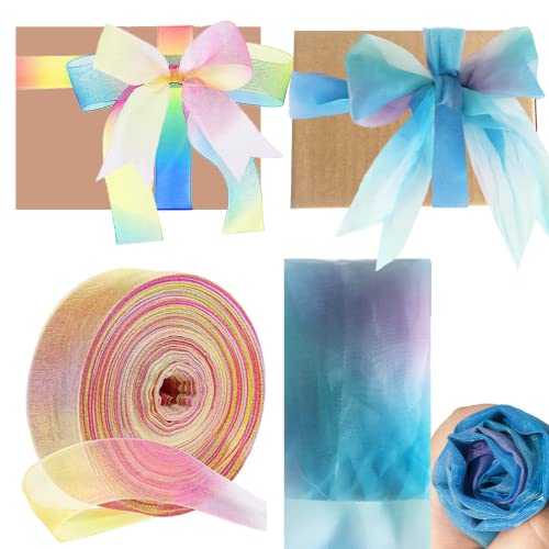 2 Rollen 25m/25mm Organza Geschenkband(Blau+Rosa),Organza Bänder Deko Gradient Farben Band für Haarzöpfe Dekoration,Geschenkverpackung,Hochzeit,Party,Geburtstag Weihnachten von Sunwuun