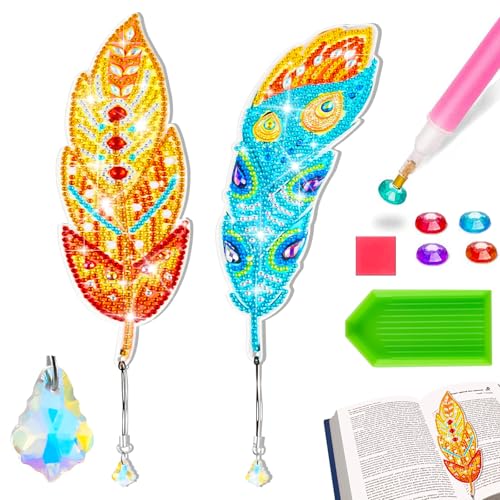 2 Stück 5D Diamond Painting Feather Lesezeichen,Kinder DIY Diamant Lesezeichen Mitleuchtender Anhänger,Geschenk für Frauen Mädchen Kinder,Weihnachts Geschenk,Geburtstags Geschenk für 6-12 Jahre von Sunwuun
