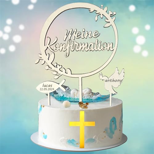 4 Stück Tortendeko Konfirmation Deko Junge Mädchen, Cake Topper Kommunion mit 15 * 10cm Kreuzigung, Erstkommunion Deko Tischdeko Taufedeko (Flagge + Kreuzigung) von Sunwuun