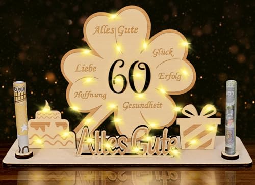 60 Geldgeschenke Geburtstag für Frau Mann,LED Kleeblatt Glück 60. Geburtstag Geschenke Frau Mann,60 Geburtstag Geldgeschenke Verpackung für Männer Frauen,Holz Gästebuch Personalisierbares Tischdeko von Sunwuun