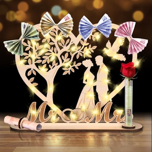Geldgeschenk Hochzeit Holz mit Lichterketten,Hochzeitsgeschenke für Brautpaar Geld,Herzförmiges Geschenk zum Hochzeit Hochzeitstag aus Holz (Originale Holzfarbe) von Sunwuun