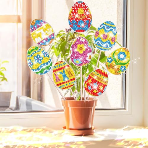 Sunwuun 8 Stück Diamond Painting Ostern, Ostern Basteln Kinder und Erwachsene Gartendekoration für Draußen und Drinnen,Diamond Painting Kinder Schlüsselanhänger,DIY Ostern Bastelset Geschenk von Sunwuun