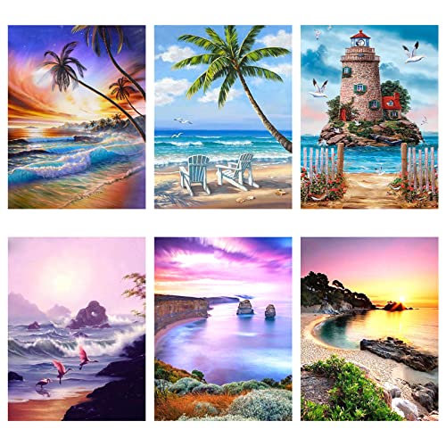 SupLetsico Diamond Painting Erwachsene Kinder, 6 Stück 5D Diamant Painting Bilder, Strand Landschaft Diamant Malerei Diamant Kunst Volle DIY Kristall Anfänger Art Set für House Wall Deko(30x40cm) von SupLetsico