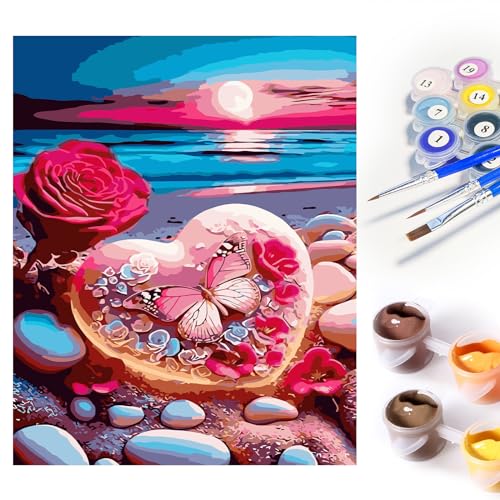 SupLetsico Malen Nach Zahlen Erwachsene Strand Herz DIY Handgemalt Ölgemälde Kit für Anfänger und Erwachsene Mit Pinseln Acrylfarbe, Geschenke und Wand Dekor (Ohne Rahme)… von SupLetsico