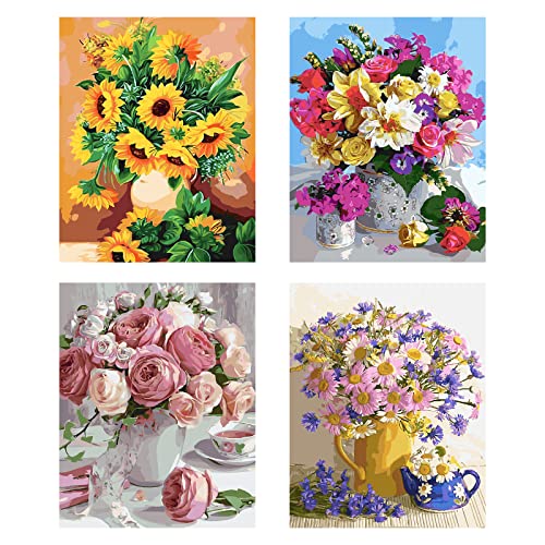 SupLetsico Malen nach Zahlen Kits Blumen DIY Ölgemälde-Set mit Pinseln und Acryl Malen nach Zahlen Zeichnen Pigment Malen (40 x 50 cm, ohne Rahmen) 4er-Pack von SupLetsico