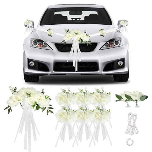 Supaway Autoschmuck Hochzeit Motorhaube Weiß Wedding Deko Girlande PKW, Auto Hochzeitsschmuck Set für Hochzeit Empfang Zeremonie mit 9 Rosen mit Saugnäpfen & 2 x 4,4m Bänder und 1 Klebeband Supaway Autoschmuck Hochzeit Motorhaube Weiß Wedding Deko Girlande PKW, Auto Hochzeitsschmuck Set für Hochzeit Empfang Zeremonie mit 9 Rosen mit Saugnäpfen & 2 x 4,4m Bänder und 1 Klebeband von Supaway