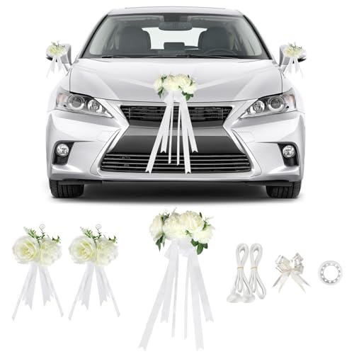 Supaway Blumenschmuck Auto Hochzeit, Autoschmuck Hochzeit Motorhaube Weiß Auto Hochzeitsschmuck Set für Party mit mit 3 Rosen mit Saugnäpfen & 2x4,4m Bänder, 4 Autoschleifen und 1 Klebeband Supaway Blumenschmuck Auto Hochzeit, Autoschmuck Hochzeit Motorhaube Weiß Auto Hochzeitsschmuck Set für Party mit mit 3 Rosen mit Saugnäpfen & 2x4,4m Bänder, 4 Autoschleifen und 1 Klebeband von Supaway
