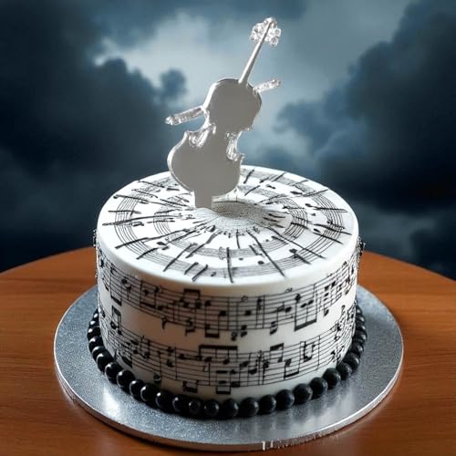 Tortenaufsatz-Set mit Violinen-Silhouette, 10 cm, silberfarbener Spiegel von Super Cool Creations