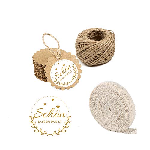Super Idee 100stk. Geschenkanhänger Kraftpapier Papieranhänger+100stk. kleine runde Aufkleber Schön, DASS Du da bist+10m Spitzenband+20m Bastelschnur für Gastgeschenke Hochzeitsdeko DIY von Super Idee