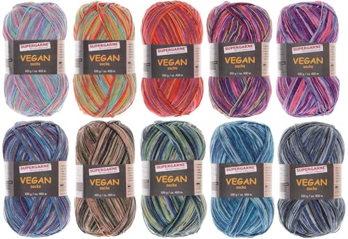 SUPERGARNE Sockenwolle VeganSocks – 1000 g (10x100g), Veganes Sockengarn ohne Wolle, geeignet für Allergiker, Strapazierfähig, Maschinenwaschbar, Made in EU, Ideal für Socken und Strickprojekt (VEGAN) von Supergarne
