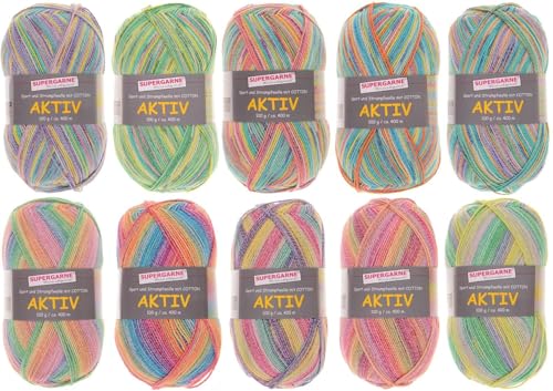 SUPERGARNE Sockenwolle mit Baumwolle Aktiv Cotton – 1000 g (10x100g), Strapazierfähig, Maschinenwaschbar, Made in Italy, Ideal für Socken und Strickprojekt (SPRING) von Supergarne