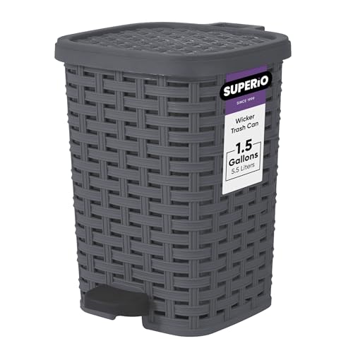 Superio Peddigrohr Treteimer mit Fußpedal - Outdoor und Indoor Grau 6 qt Mülleimer Abfallkorb für Badezimmer, Küche, Büro, Terrasse oder Hinterhof von Superio