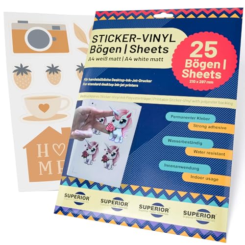 Sticker Papier zum Bedrucken – Superior Sticker Vinyl A4 – Bedruckbare Vinylfolie für Inkjet-Drucker – Selbstklebend & Wasserfest – Für DIY Aufkleber, Etiketten, Basteln & Scrapbooking von Superior Plotter Materials