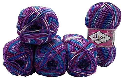 5 x 100 Gramm Sockenwolle mehrfarbig, 75% Schurwolle, 500 Gramm Wolle für Stricksocken und Strümpfe (blau lila weiß 4412) von Superwash