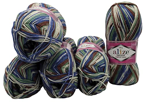 5 x 100 Gramm Sockenwolle mehrfarbig, 75% Schurwolle, 500 Gramm Wolle für Stricksocken (braun blau grün weiß 7653) von Superwash