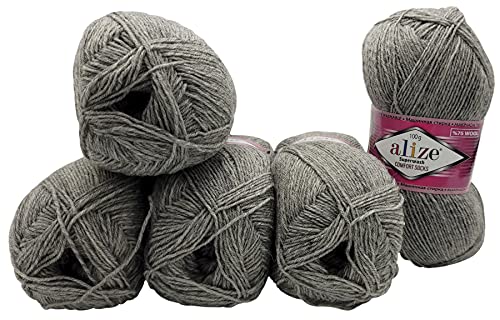 5 x 100 Gramm Sockenwolle mehrfarbig, 75% Schurwolle, 500 Gramm Wolle für Stricksocken (grau 21) von Superwash