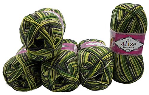 5 x 100 Gramm Sockenwolle mehrfarbig, 75% Schurwolle, 500 Gramm Wolle für Stricksocken (grün grau weiß creme 2696) von Superwash